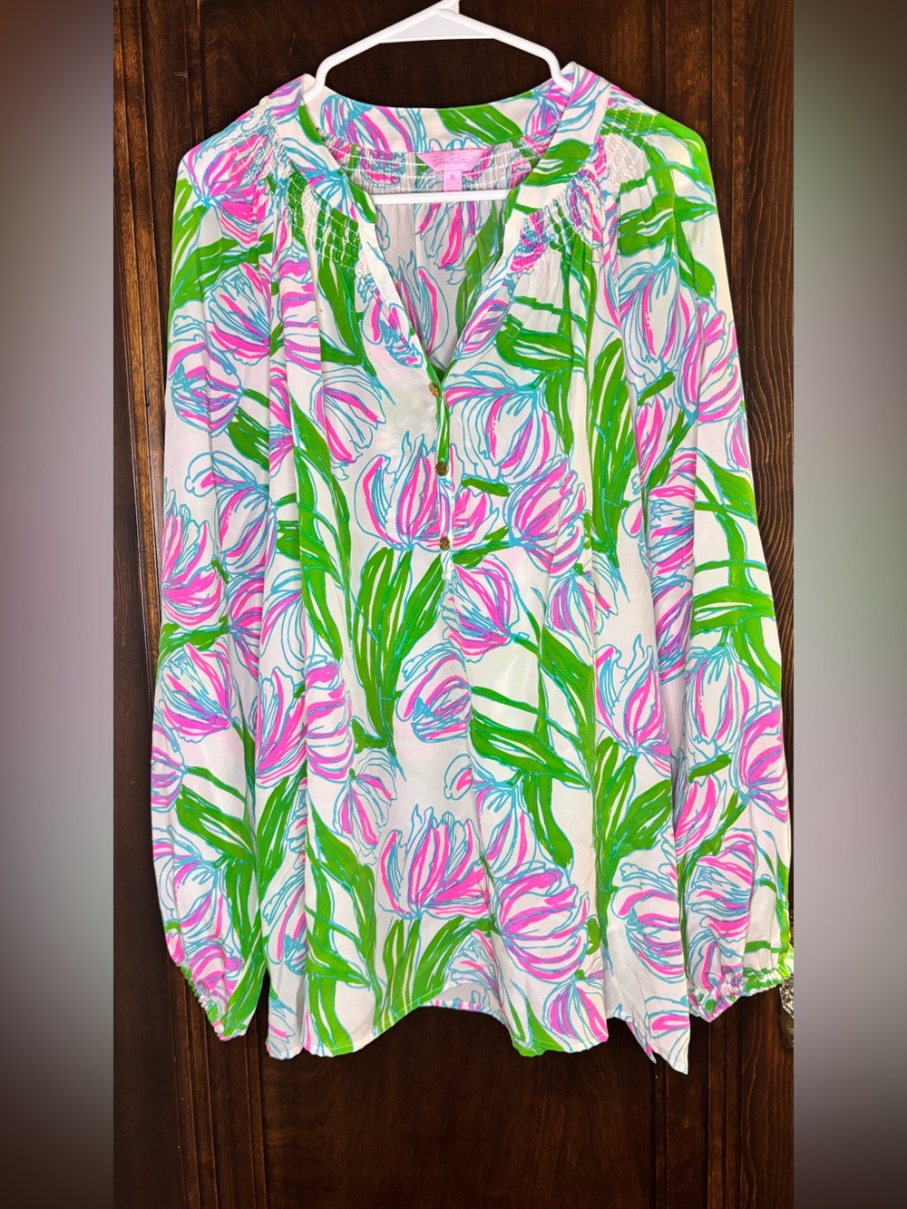 Lilly Putlizer 100% silk long sleeve blouse tunic white pink blue tulips XL